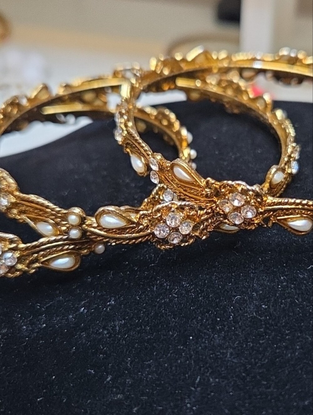 Gold Crystal and Pearl Statement Bangle Set